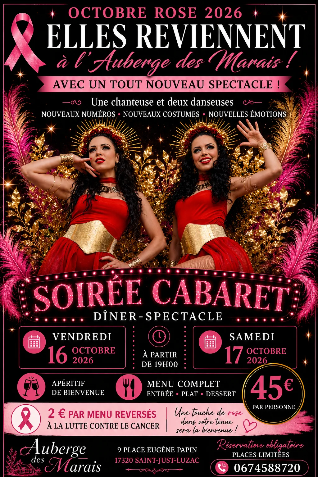 Soirée cabaret, Saint just Luzac, Auberge des marais, 16 octobre 2026, 17 octobre 2026, octobre rose 2026